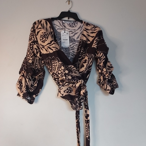 Zara printed linen Blend Wrap Style top - Picture 6 of 7